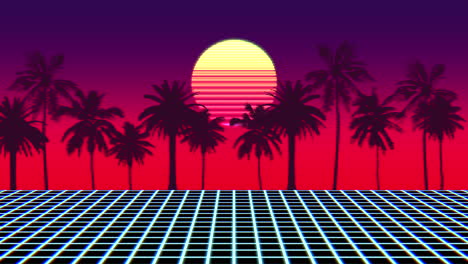 Vibrant-80S-Ambiance-With-Sunset,-Palm-Trees,-And-Geometric-Blue-Grid