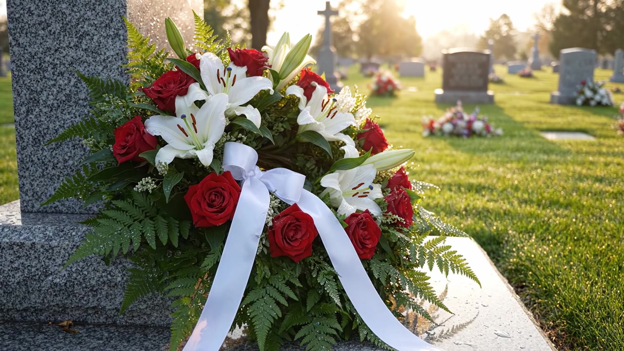 Una serena scena di cimitero con una bellissima corona floreale adornata con gigli bianchi e rose rosse, che emana un senso di ricordo e tranquillità