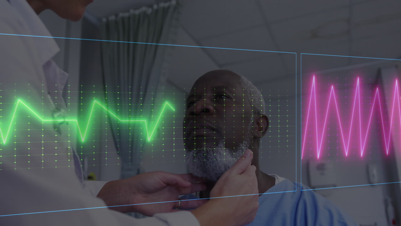 Animation of heart rate monitor over female doctor examining the jaw of male patient at hospital