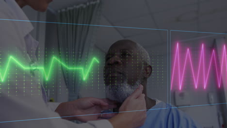 Animation-of-heart-rate-monitor-over-female-doctor-examining-the-jaw-of-male-patient-at-hospital