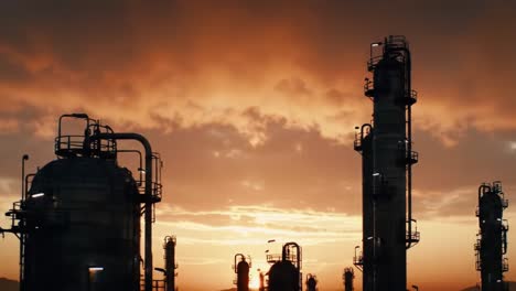 a majestic sunset behind industrial towers illuminating the horizon with warm hues reflecting on the complex structure of surrounding equipment