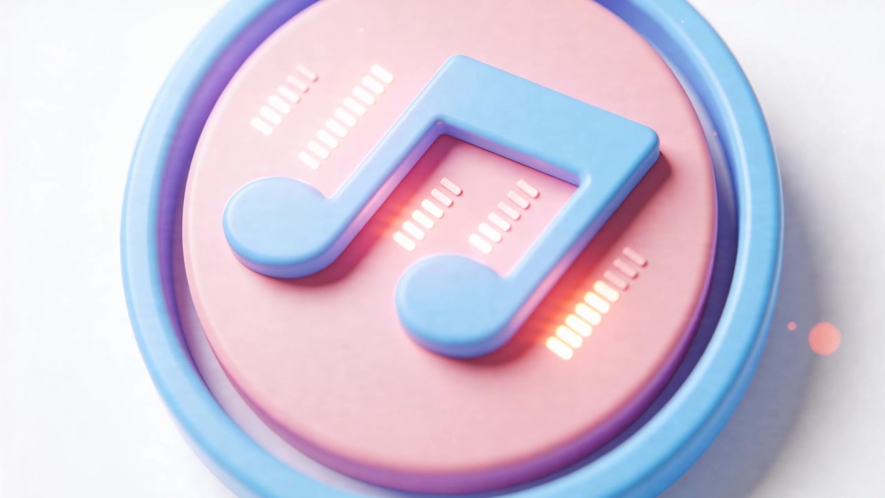 Badge musicale stilizzato 3D che ruota, con barre dell'equalizzatore animate su sfondo bianco, che segnala la riproduzione.