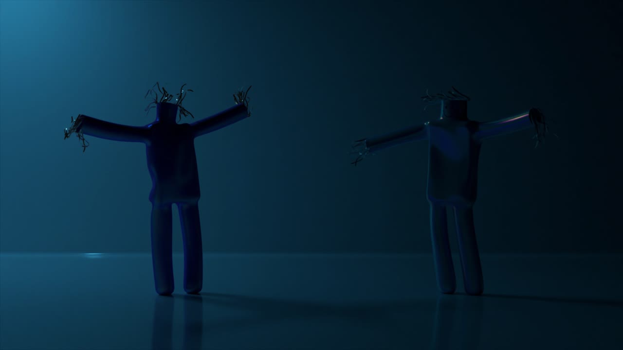 espantapájaros abstractos bailando a la luz del neón