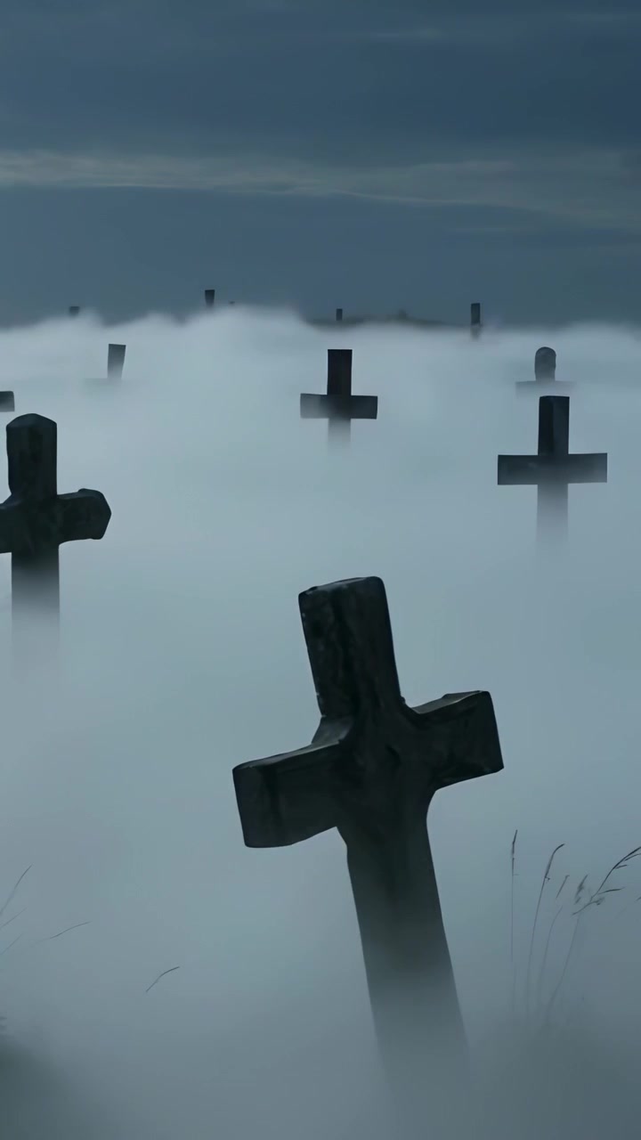 Video verticale: Telecamera panoramica che mostra una croce di pietra consumata che si erge nella nebbia in un cimitero, con croci che si allontanano.