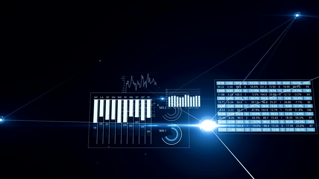Business Network and Running Signals on Connections. Economics Information Concept. Flying Through Cyberspace. Looped 3d Animation with Blue Lines and Dots.