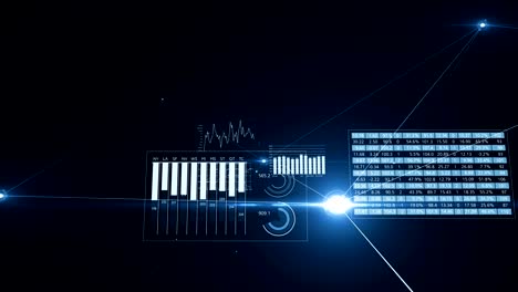 business network and running signals on connections. economics information concept. flying through cyberspace. looped 3d animation with blue lines and dots.