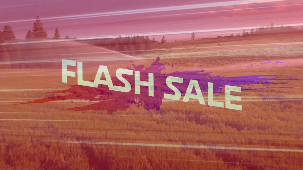 Vid laddning: FLASH SALE centrerat, färgstänk, glitcheffekter som rensas och svepande ljus som marknadsför rea.