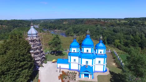 Church in small town. Aerial view of old church in country