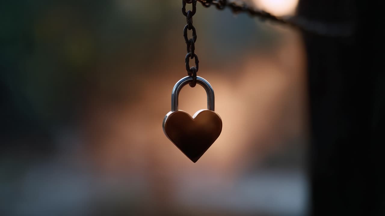 Un lucchetto a forma di cuore appeso a una catena su uno sfondo splendidamente sfocato, a simboleggiare l'amore e la connessione in una tenue atmosfera di luce serale