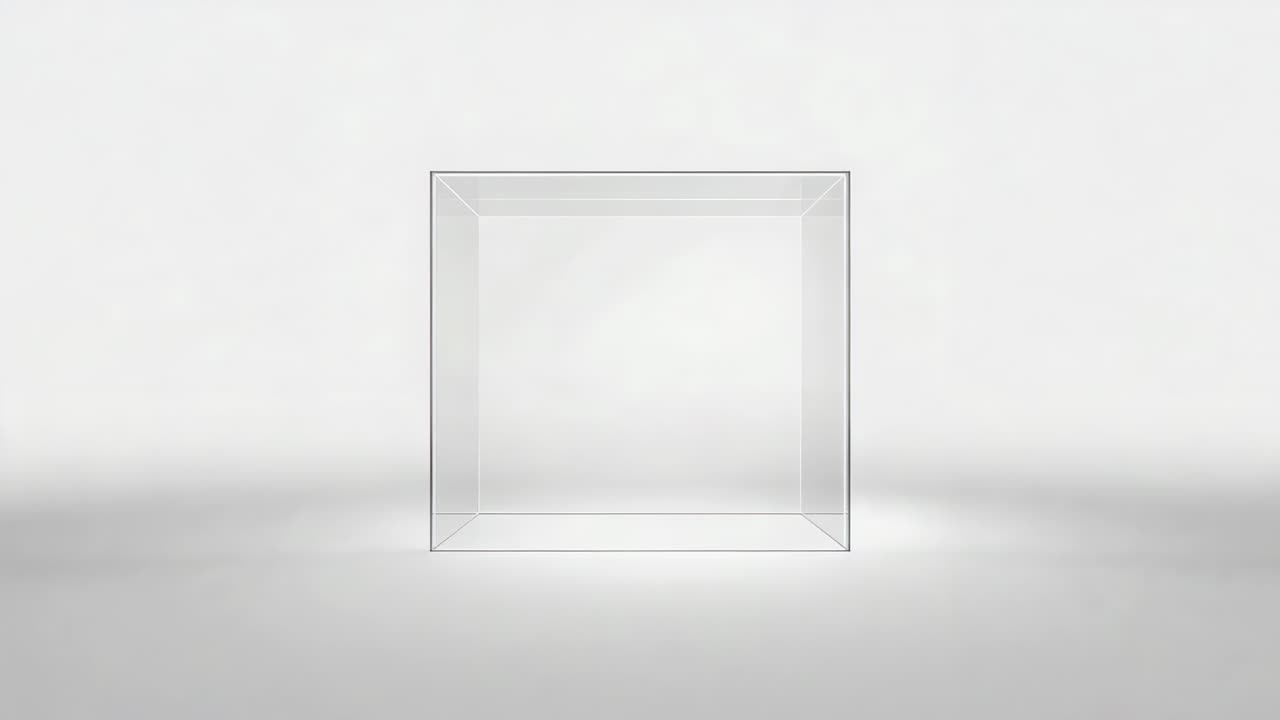 Camera orbiting, transparent glass cube rotating on pale studio floor, showing wireframe edges