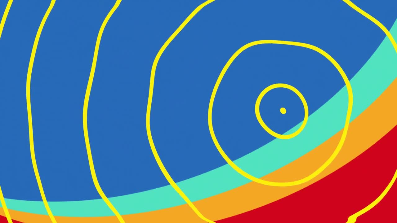 파란색 배경에 다채로운 움직이는 원과 모양의 애니메이션