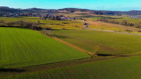 Dramatische-Luftaufnahme-Einer-Kurvenreichen-Straße,-Die-Durch-üppiges-Ackerland-Führt