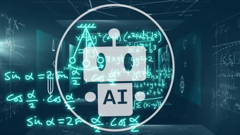 un icono de robot y una animación de ecuaciones matemáticas sobre un fondo futurista oscuro