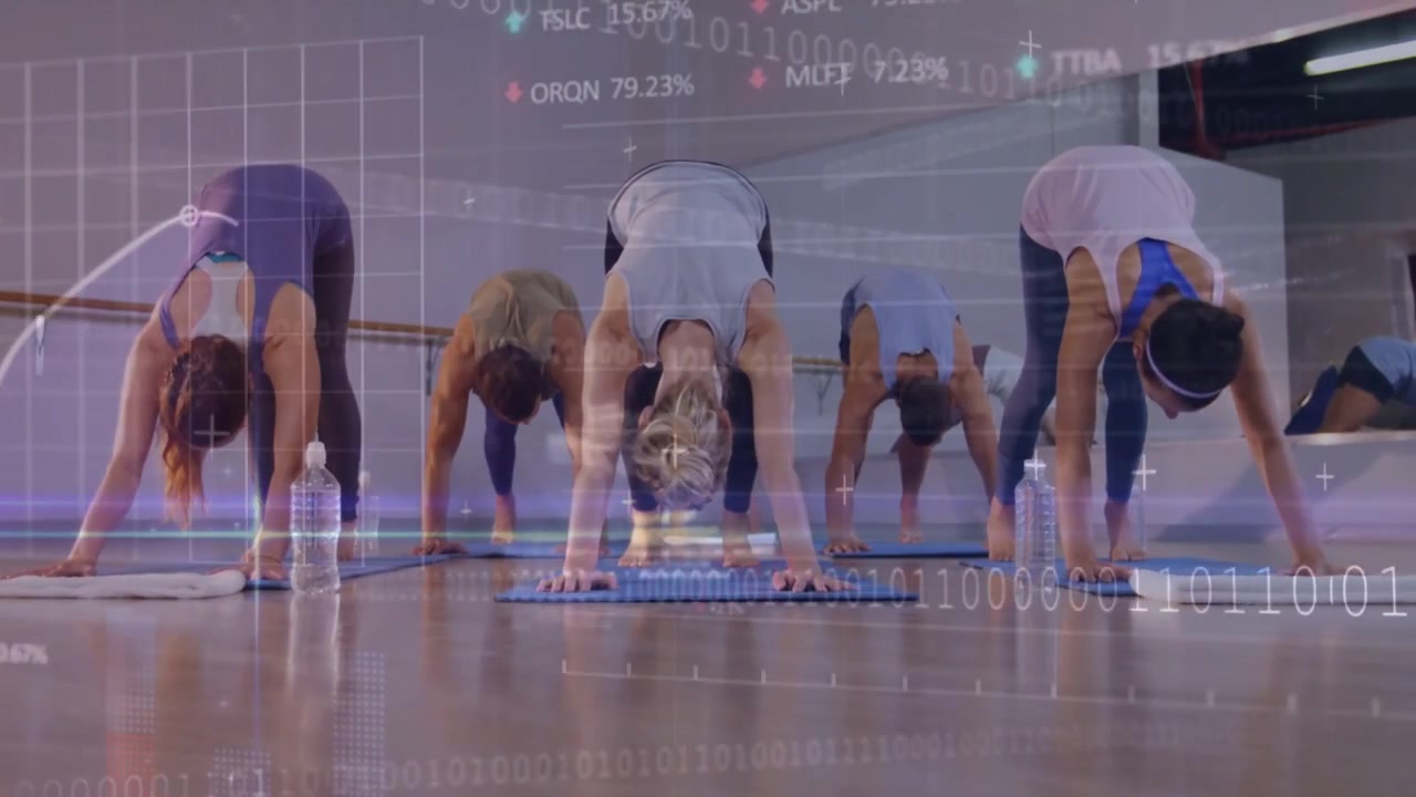 On cue center woman lifting hips into downward pose for fitness animated charts overlaying mats