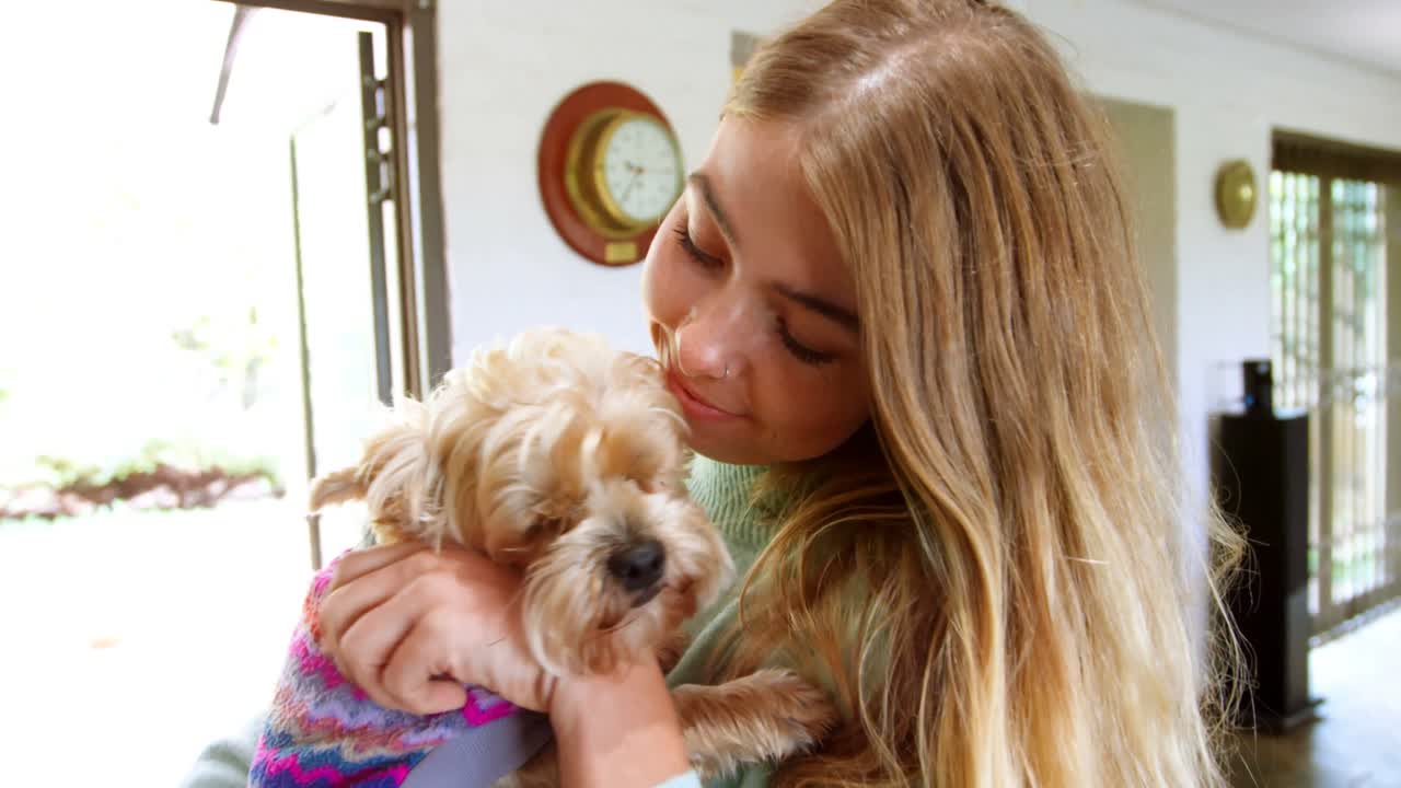 집 에서 개 를 안고 있는 여자 4k