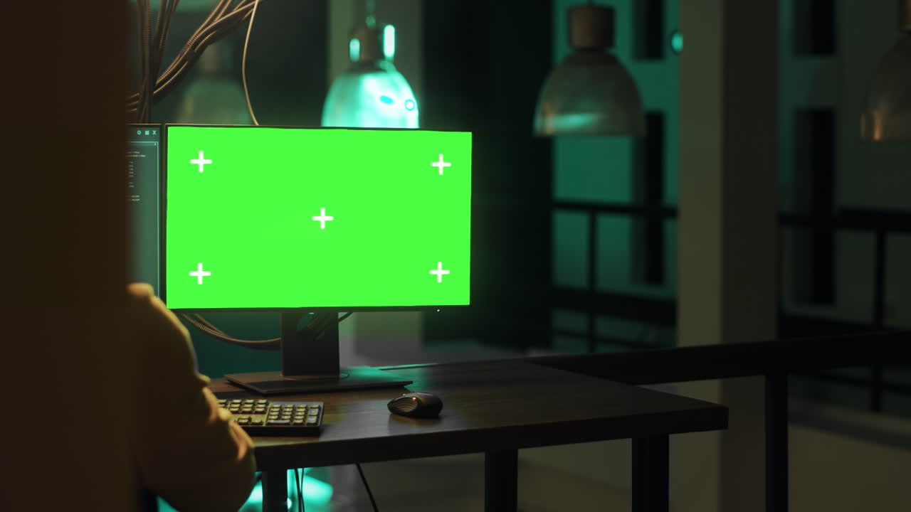 Hacker coding on a computer with green screen