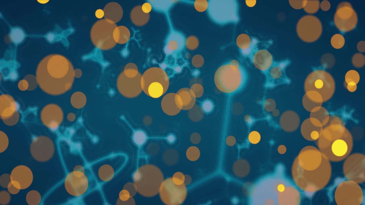 animación de manchas amarillas de luz sobre estructuras moleculares flotando contra un fondo azul