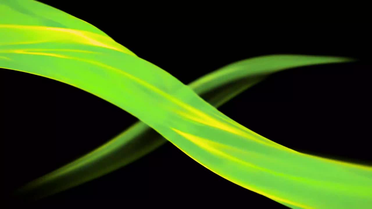Nastro astratto dinamico verde e giallo che scorre su sfondo nero.