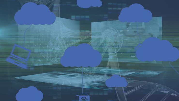 Animation of clouds with media icons and digital screens on blue background