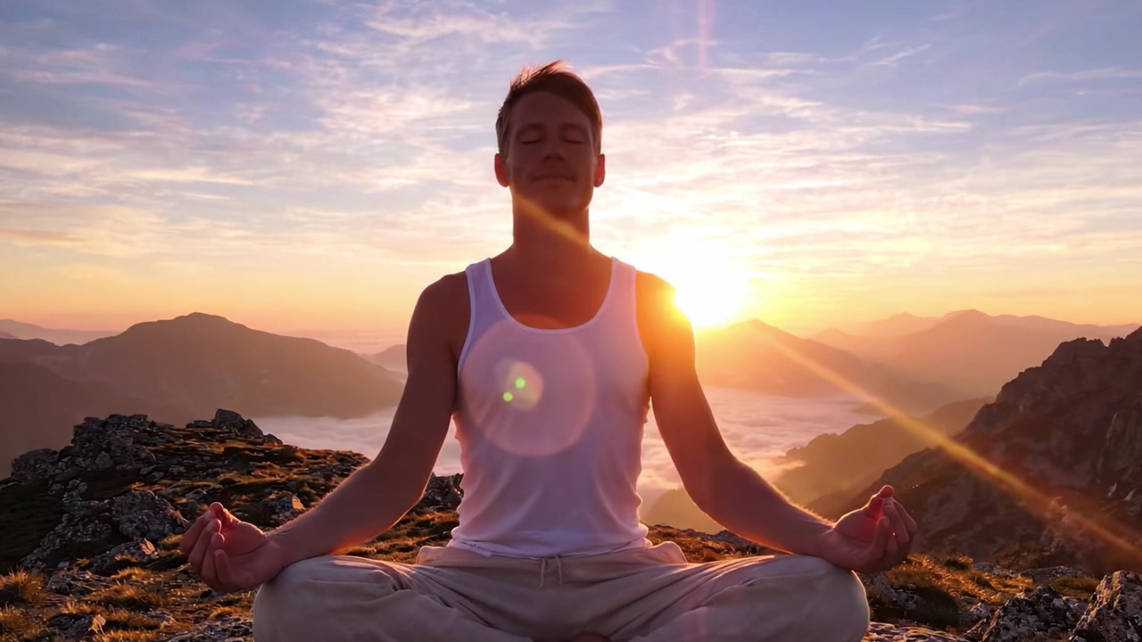 A Serene Moment of Meditation at Sunrise: Discovering Inner Peace Amidst Nature's Beauty on a Mountain Top