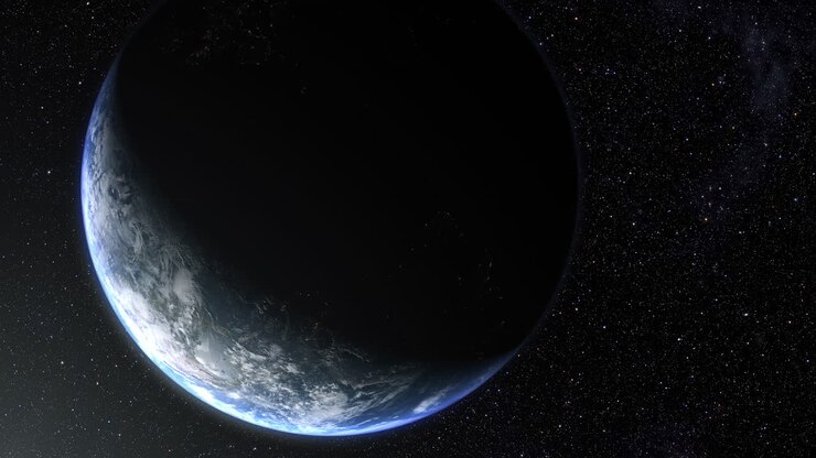 Vertical format : A cinematic rendering of planet Earth during sunrise as view from space with vibrant blue sky atmosphere