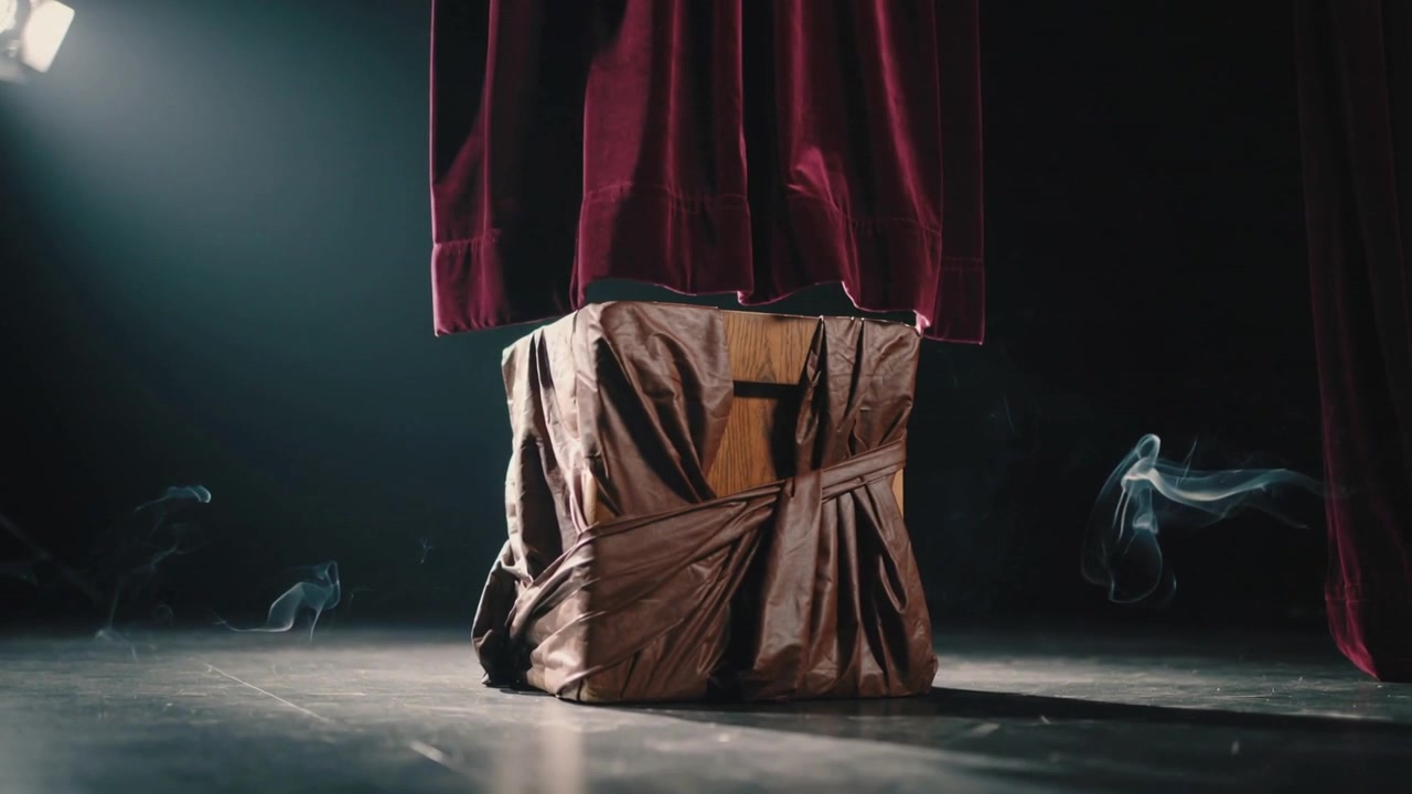 Una cassa avvolta si solleva sotto una tenda bordeaux dopo l'inizio del sollevamento, rivelando un manico di legno sul palco.