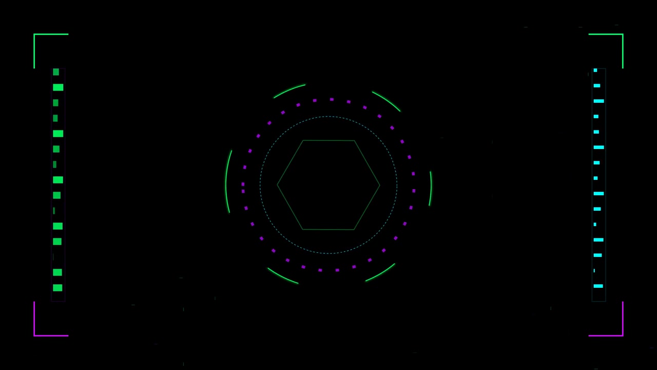 Futuristic Digital HUD Interface with Rotating Hexagon and Data Bars
