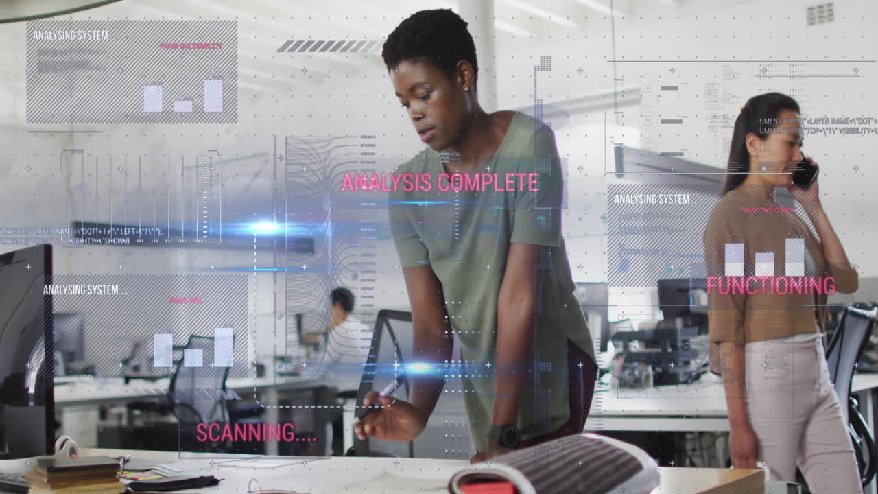 Animation of graphs, text and computer language over african american woman using digital tablet