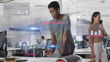 animation of graphs, text and computer language over african american woman using digital tablet