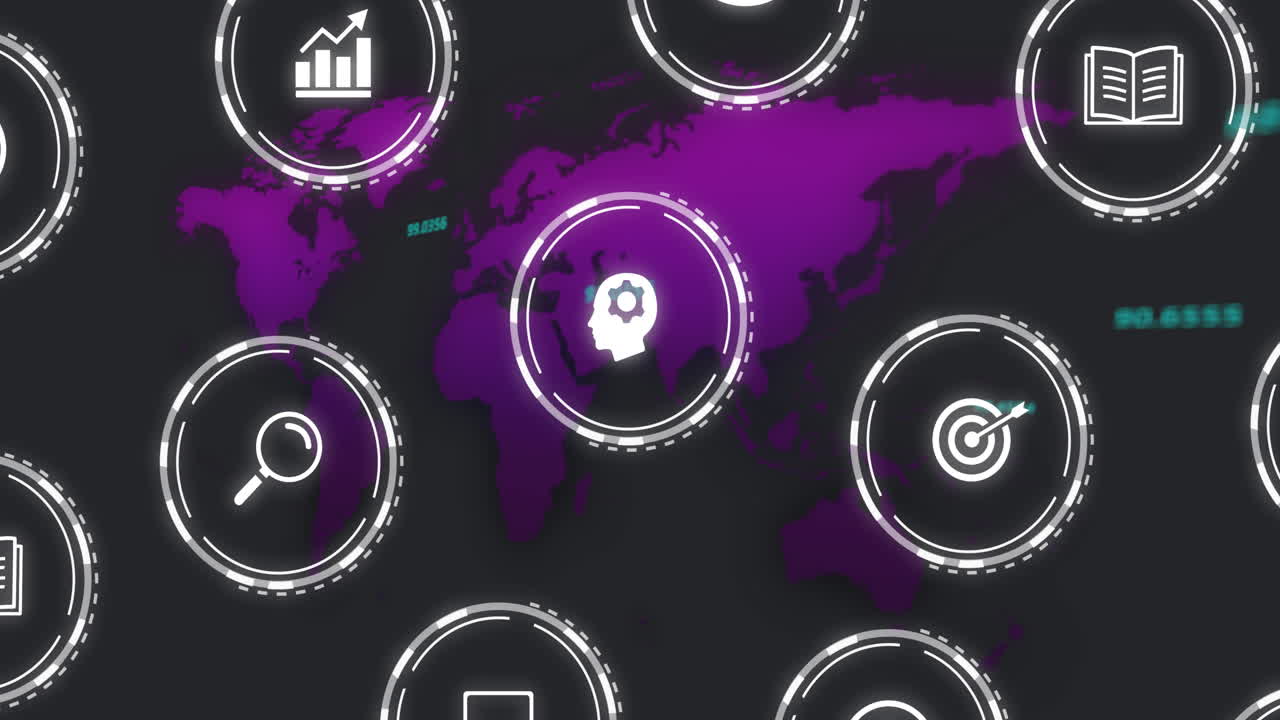 iconos de negocios y animación de procesamiento de datos sobre el mapa del mundo