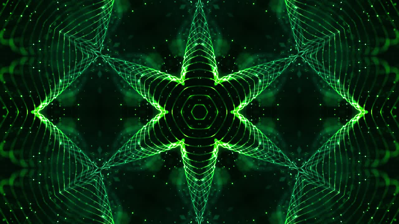 Particelle verdi luminose formano linee, superfici, un motivo a stella, strutture a caleidoscopio. Sfondo 3D fantascientifico in loop 4K con strutture puntiformi simmetriche astratte in movimento. Sfondo virtuale o olografico