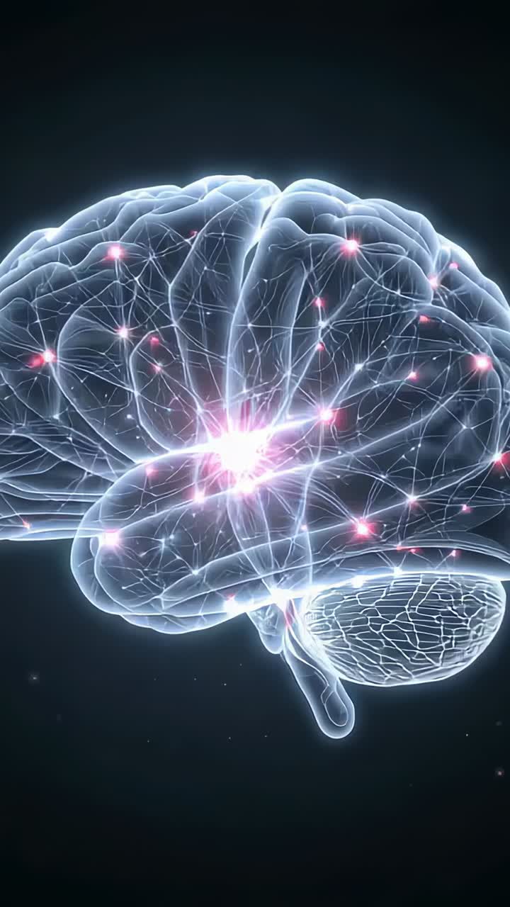 Video verticale: riproduzione con rendering in 3D di un cervello rotante e pulsante nel vuoto con nodi magenta per lo studio