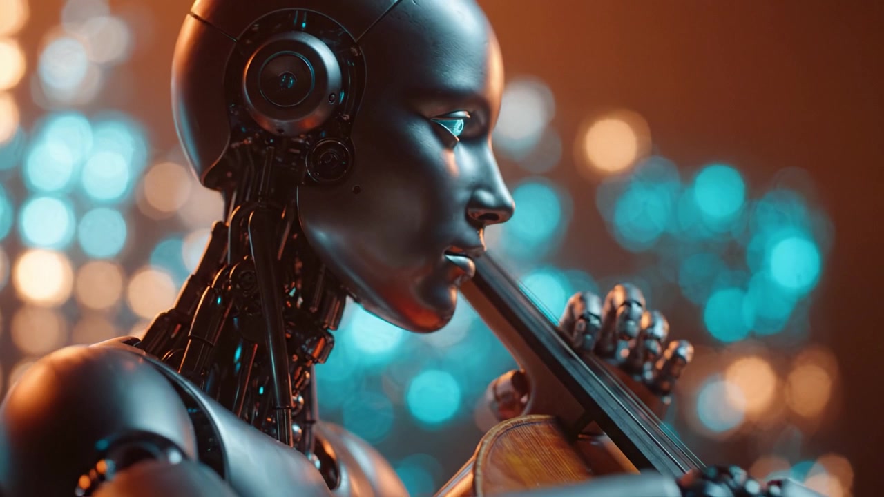 En futuristisk robotmusiker spiller cello i en moderne, levende lyssætning, der viser fusionen af teknologi og kunstnerisk udførelse i en fantastisk atmosfære