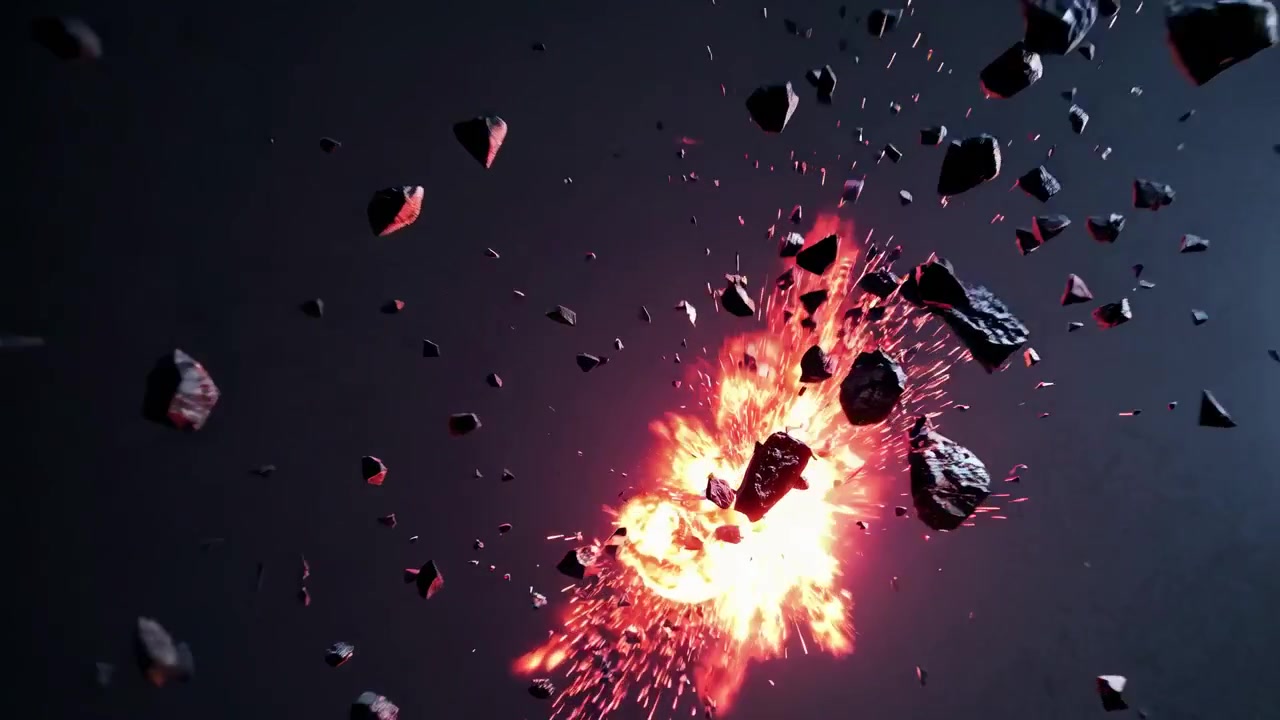 Fiery Explosion with Flying Debris and Sparks in Dark Space