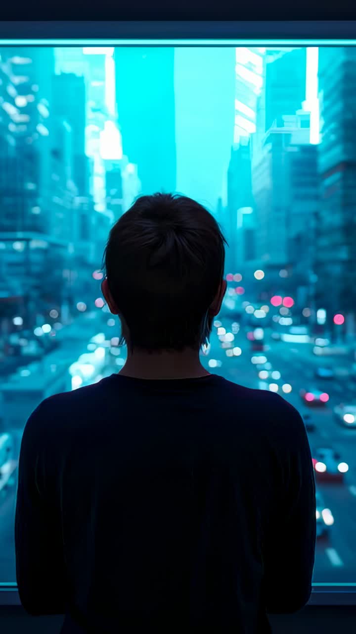 Video verticale: uomo in movimento che si avvicina alla finestra in una stanza, fotogrammi che cambiano, guarda le auto, fili degli auricolari