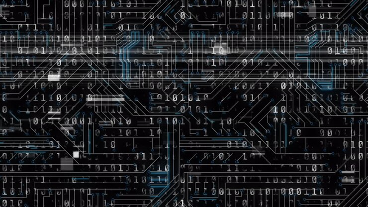 Binary coding data processing against microprocessor connections on black background