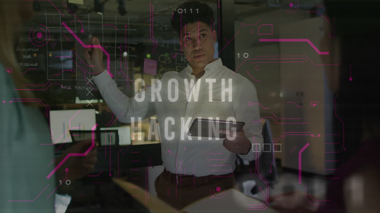 In modern office, business professional discussing growth hacking strategy with colleagues