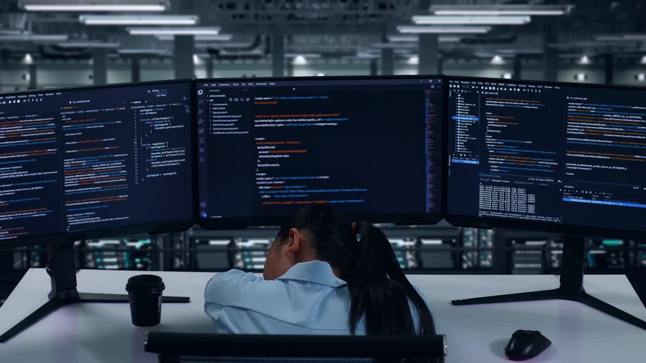 Back View Of Tired Asian Woman Developer Sleeping While Write Code With Multiple Computer Screens In Data Center