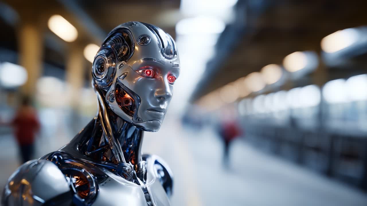 Una figura robotica futuristica con occhi rossi luminosi si erge in modo prominente in un ambiente industriale sfocato, mettendo in mostra la tecnologia avanzata e l'integrazione dell'intelligenza artificiale.