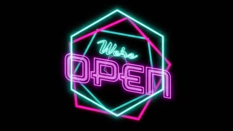 Animation-of-we're-open-text-over-neon-shapes-on-black-background