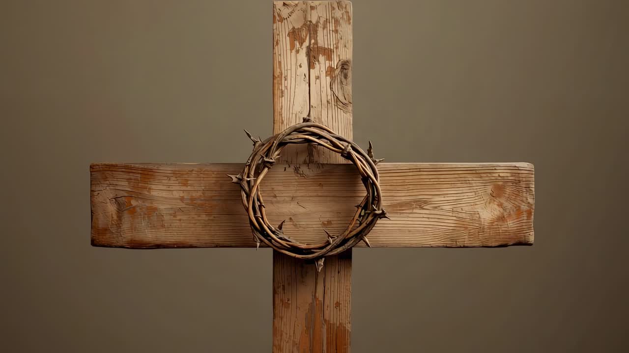 Revealing wooden cross featuring crown of thorns against beige backdrop, evoking solemn symbolism