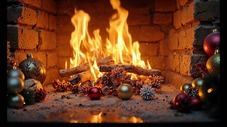 Christmas Fireplace with Ornaments