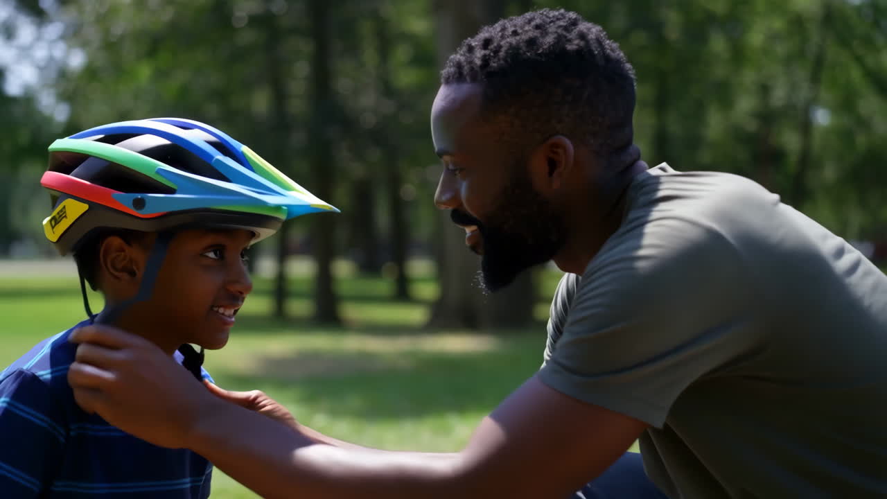 Father helps son put on bicycle helmet