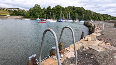 ladders and boats at a scenic dock