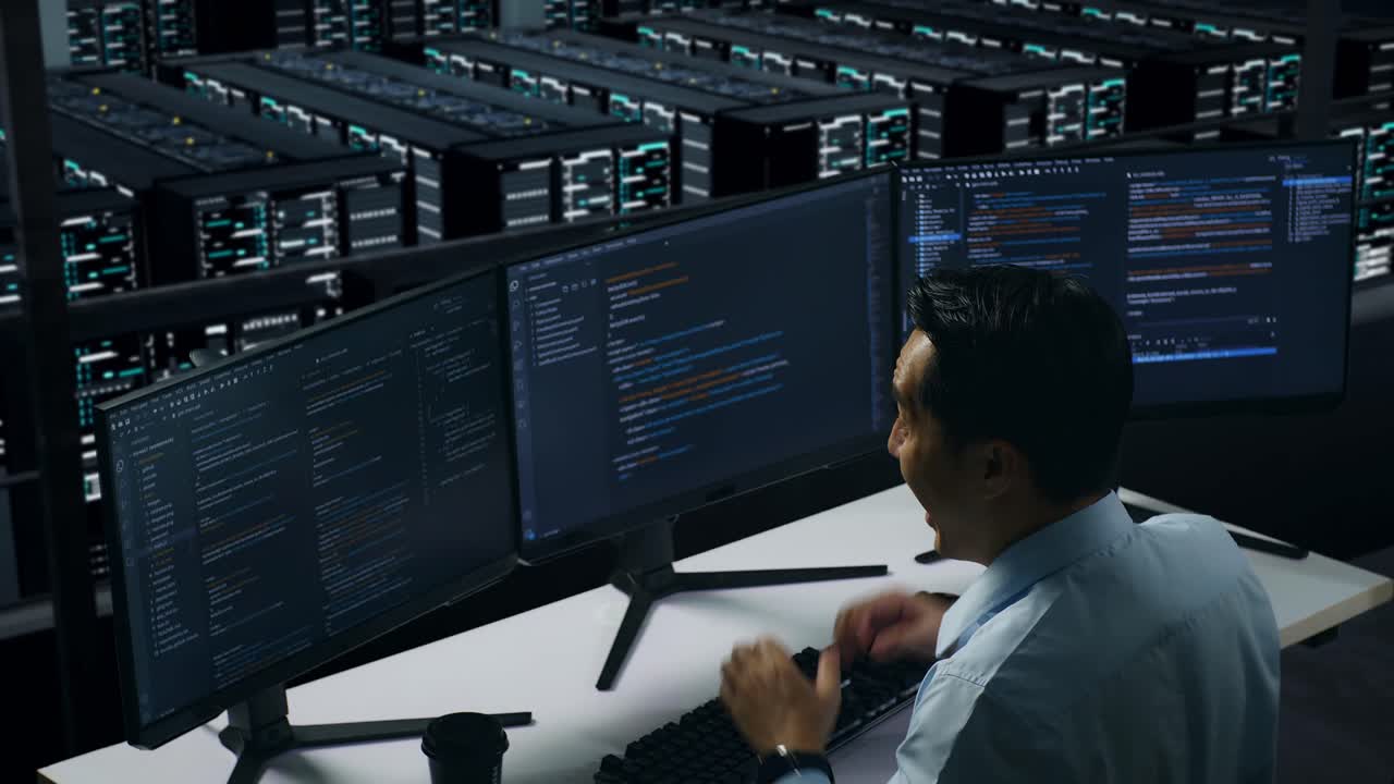 vista trasera de un hombre asiático cansado bostezando mientras trabajaba con un simulacro de varios monitores de computadora en el centro de datos