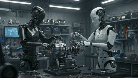two advanced robots engaged in mechanical assembly in a technologically enhanced workshop, showcasing their precision and collaborative skills in engineering tasks