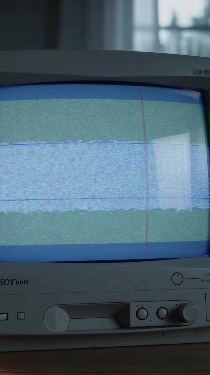Video verticale: Mostra rumore statico CRT con linea rossa su scaffale, manopole, riflesso della finestra durante i fotogrammi.