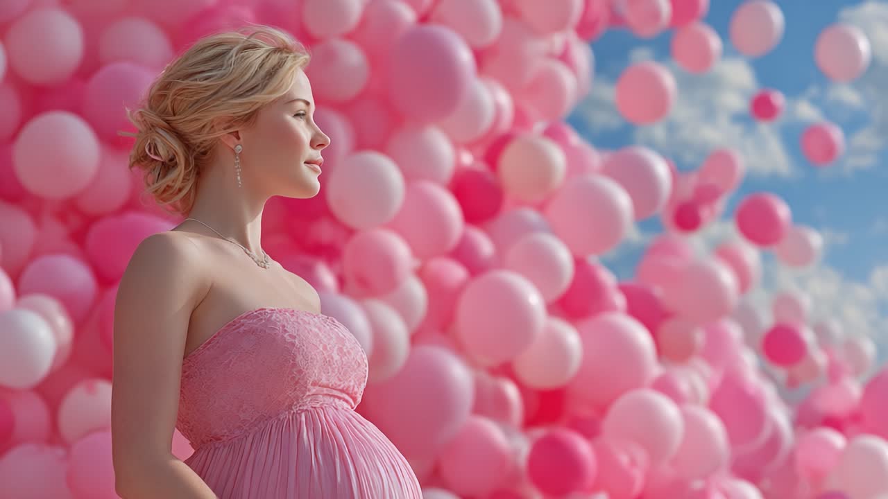 A Serene Expecting Mother in a Blossom of Pink Balloons, Embracing the Joys of Motherhood Under a Clear Sky, Capturing the Essence of Anticipation and Love