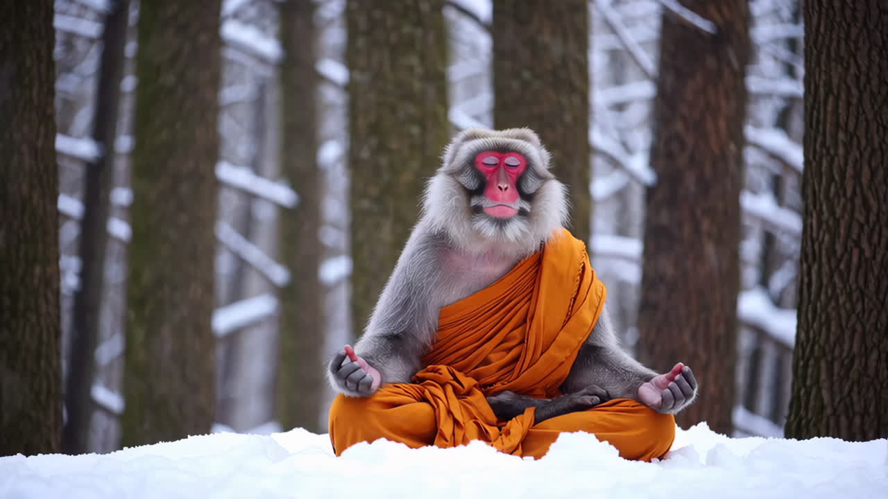 Snow Monkey Meditating in a Winter Forest