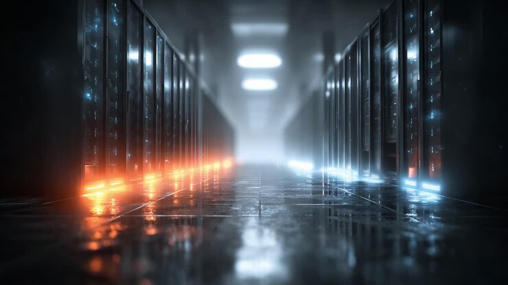 Una vista serena di un data center avanzato con rack server illuminati e riflessi, che mostra la tecnologia all'avanguardia dell'infrastruttura informatica moderna